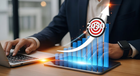 A businessman in a suit is shown working on a laptop and tablet, with a 3D bar graph displaying...