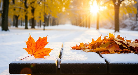 A single vibrant orange maple leaf rests on a wooden park bench covered in a dusting of fresh snow. In the background, a park pathway lined with trees is bathed in the warm, golden sunlight of late autumn or early winter. The image captures the beautiful contrast between the warm colors of the fallen leaves and the cool white of the snow.