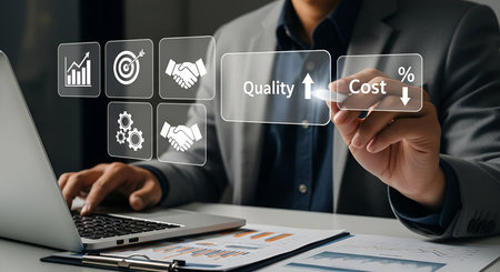 A businessman is shown interacting with a digital interface projected in front of him, while also using a laptop. The interface displays icons representing business concepts such as growth charts, targets, handshakes, gears, and a comparison of quality (up arrow) and cost (down arrow). Charts and graphs are visible on a clipboard in the foreground.の写真素材