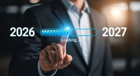 A businessman in a suit touches a digital loading bar that shows progress from the year 2026 to...