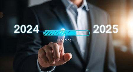 A businessman in a suit is shown with his finger extended, touching a glowing blue loading bar. The...