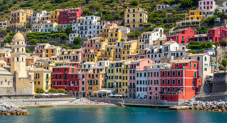 A vibrant, densely packed coastal village cascades down a lush green hillside towards a sparkling...