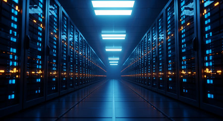 A long, dark corridor in a server room with rows of illuminated server racks on both sides. The...
