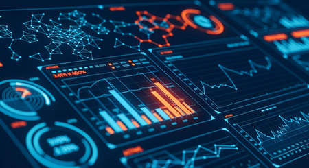 A close-up of a futuristic digital interface displaying multiple data visualizations. The screen is...