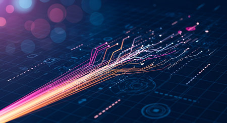 An abstract digital network visualization with glowing lines of pink and orange light flowing from...