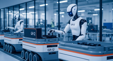In a bright, modern factory setting with large windows, a humanoid robot with a white and black body...