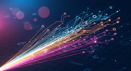 An abstract visualization of data flowing through a digital network, depicted as glowing lines and...