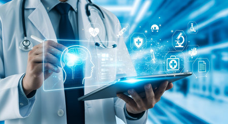 A close-up of a doctor in a white coat holding a tablet and interacting with a glowing holographic...