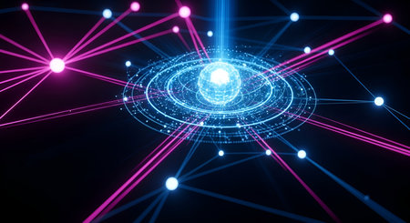 A visually striking abstract representation of a futuristic network. A central glowing sphere, composed of intricate digital patterns, is surrounded by concentric rings of light. Thin, vibrant lines in pink and blue extend outwards from the sphere and connect to smaller glowing nodes, forming a complex web-like structure against a dark background. A beam of blue light emanates from the top of the sphere.の写真素材