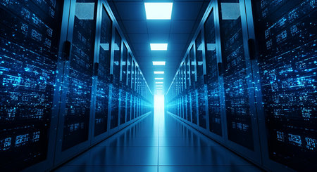 A long, illuminated corridor of a server room. Rows of tall server racks line both sides of the...