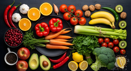 A top-down view of a diverse collection of fresh fruits and vegetables arranged on a dark, textured...