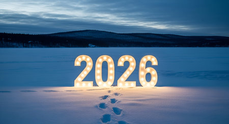 Large, illuminated numbers spelling out "2026" stand in a vast, snow-covered landscape, likely a frozen lake, under a twilight sky. The marquee-style lights on the numbers glow warmly, casting light on the snow. Footprints lead away from the numbers, suggesting a path taken. Dark hills form the horizon.の写真素材