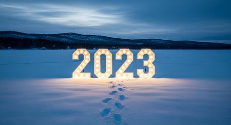 Large, illuminated numbers spelling out 2023 glow brightly in a vast, snow-covered landscape....