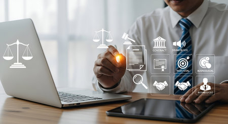 A person in a white shirt and tie is shown interacting with a digital interface displaying various legal and business icons. They are holding a stylus and pointing at a document icon. Icons include scales of justice, a gavel, a handshake, a contract, a magnifying glass, and business-related symbols. A laptop and tablet are visible on the desk, suggesting a modern approach to legal work.の写真素材