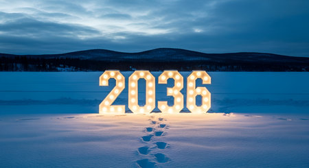 The number 2036 is prominently displayed, formed by large, illuminated marquee letters, standing in...