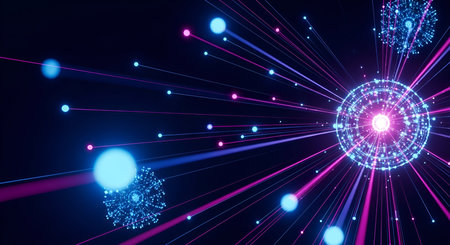 A dark abstract background with glowing neon lines and particles radiating outwards from circular,...