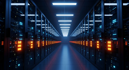 A long, dark corridor stretches into the distance, lined with rows of server racks. The racks are...