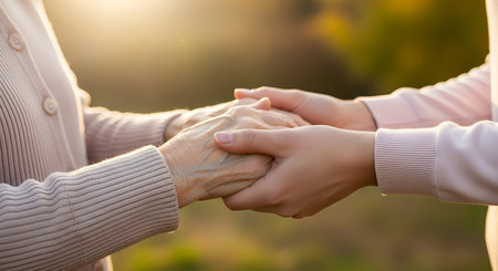 A close-up, soft-focus image capturing two pairs of hands gently holding each other. The left hand, belonging to an older person, shows visible signs of age with prominent veins. The right hand, belonging to a younger person, is holding the older hand with tenderness. The scene is bathed in warm, golden sunlight filtering through trees, creating a soft bokeh effect in the background. The image evokes feelings of care, support, love, and intergenerational connection.の写真素材
