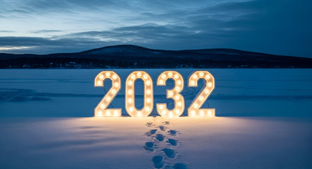 The year 2032 is spelled out in large, illuminated numbers with glowing marquee bulbs, standing...