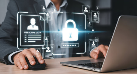 A businessman in a suit is shown using a computer with a digital interface displaying personal data protection. A prominent digital lock icon is centered within a frame, surrounded by icons representing user profiles and documents. The user's hands are visible on the mouse and keyboard, interacting with the virtual elements.の写真素材