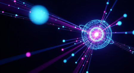 A central, glowing sphere pulsates with light, surrounded by radiating lines of blue and pink light...