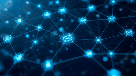 An intricate abstract digital network featuring glowing blue nodes and connecting lines. Various...