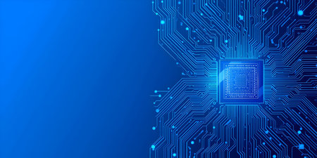 A bright blue microchip is positioned on the right side of an elaborate blue circuit board. The...