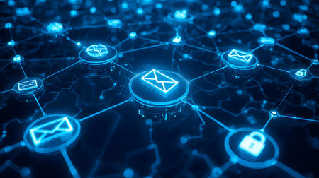 A detailed abstract digital network rendered in shades of blue. Glowing icons of envelopes are prominently featured and interconnected by luminous lines. The dark, abstract background with subtle bokeh effects emphasizes the technological and communicative aspects of the network.の写真素材