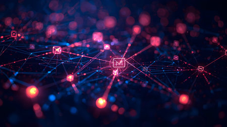 An abstract digital visualization of a network with interconnected glowing nodes and lines. Some...