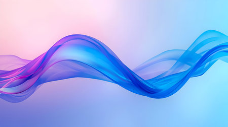 An abstract composition features a flowing, translucent ribbon that transitions through shades of...