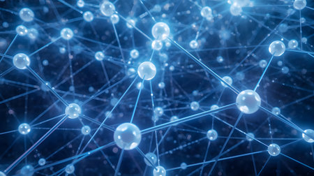 This image presents an abstract, close-up view of a dense network. Small, translucent spheres emit a...