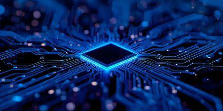 A close-up, abstract view of a glowing blue microchip and its intricate circuit board pathways. The...