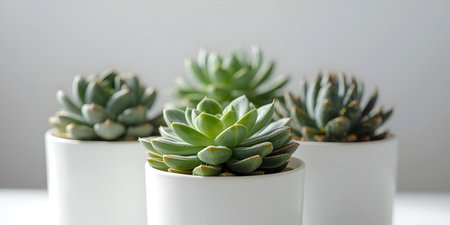 A studio shot featuring four potted succulents in white containers. The plants display various...
