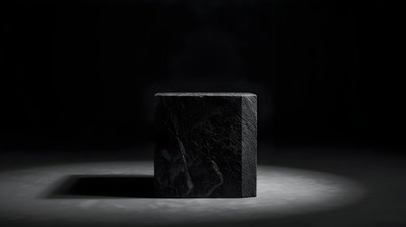 A dark, textured stone pedestal stands in the center of a dimly lit space. A single spotlight illuminates the top and front of the object, casting a long shadow on the textured ground. The background is completely dark, creating a dramatic and minimalist presentation.の写真素材