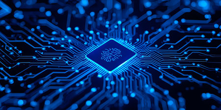 Glowing showing glowing blue circuit board with central microchip. High resolution image suitable...