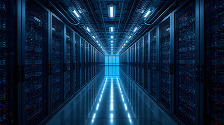 This image depicts a long, narrow aisle within a server room, flanked by numerous server racks. The...