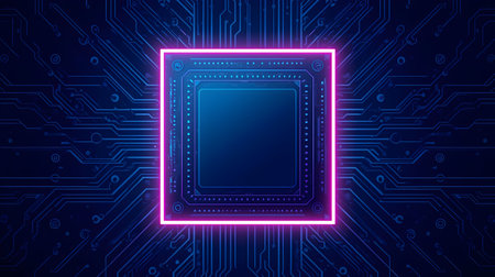 A central square microchip with a glowing neon pink outline is positioned on a dark blue circuit...