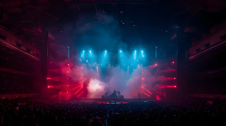 With showing large concert venue with stage, band, and audience. High resolution image suitable for commercial use. Clear details and vibrant colors enhance visual appeal.の写真素材