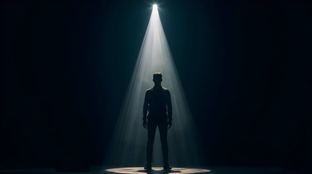 A solitary man stands in the center of a dark stage, illuminated by a single, bright spotlight. The...