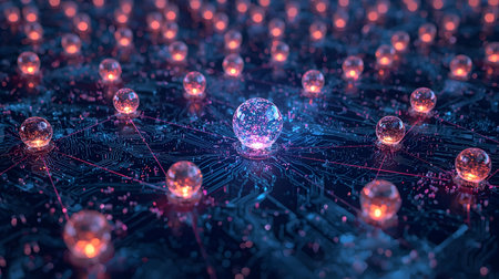 An abstract visualization of a digital network represented by glowing orange spheres connected by...