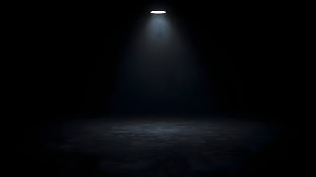 A single, bright spotlight shines down from above, illuminating a textured floor in a dark, empty...