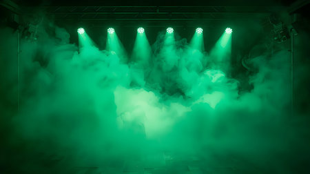 With showing stage lights and green smoke effects. High resolution image suitable for commercial use. Clear details and vibrant colors enhance visual appeal.の写真素材