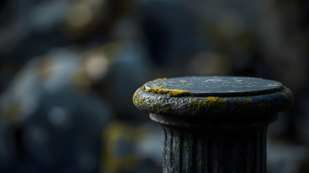 A close-up, shallow depth of field shot focuses on the top of a weathered stone pillar. Green and...