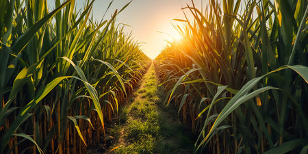Lush showing sunlit path through a lush cornfield. High resolution image. Clear details and vibrant...