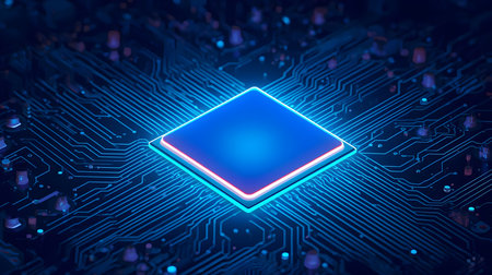 A diamond-shaped microchip with a vibrant blue neon glow is the focal point, set against a dark, detailed circuit board. The circuit board's pathways are illuminated with blue light, and small purple and blue lights are scattered throughout. This image represents advanced computing and digital infrastructure.の写真素材