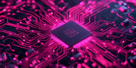 A close-up, macro shot of a central processing unit (CPU) chip on a circuit board. The chip and the surrounding intricate pathways of the board are illuminated with a vibrant pink glow. The image highlights the complexity and detail of modern electronic components and their interconnectedness.の写真素材