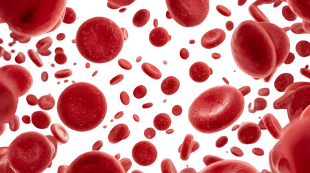 A dense cluster of red blood cells are shown in motion against a black background. The cells are predominantly round and biconcave, with varying degrees of proximity to each other. Some appear as discs, while others are seen from different angles.の写真素材