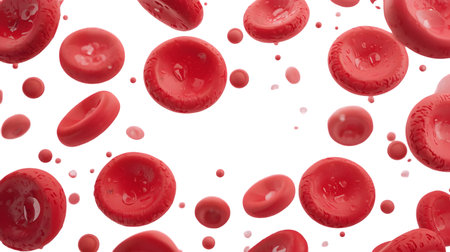 A 3D rendering depicts numerous red blood cells, also known as erythrocytes, floating in a fluid,...