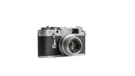 A vintage film camera is presented against a black background. The camera features a silver body...