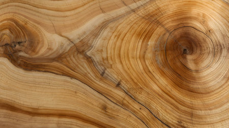 A detailed close-up of a natural wood grain surface. The image prominently features concentric...